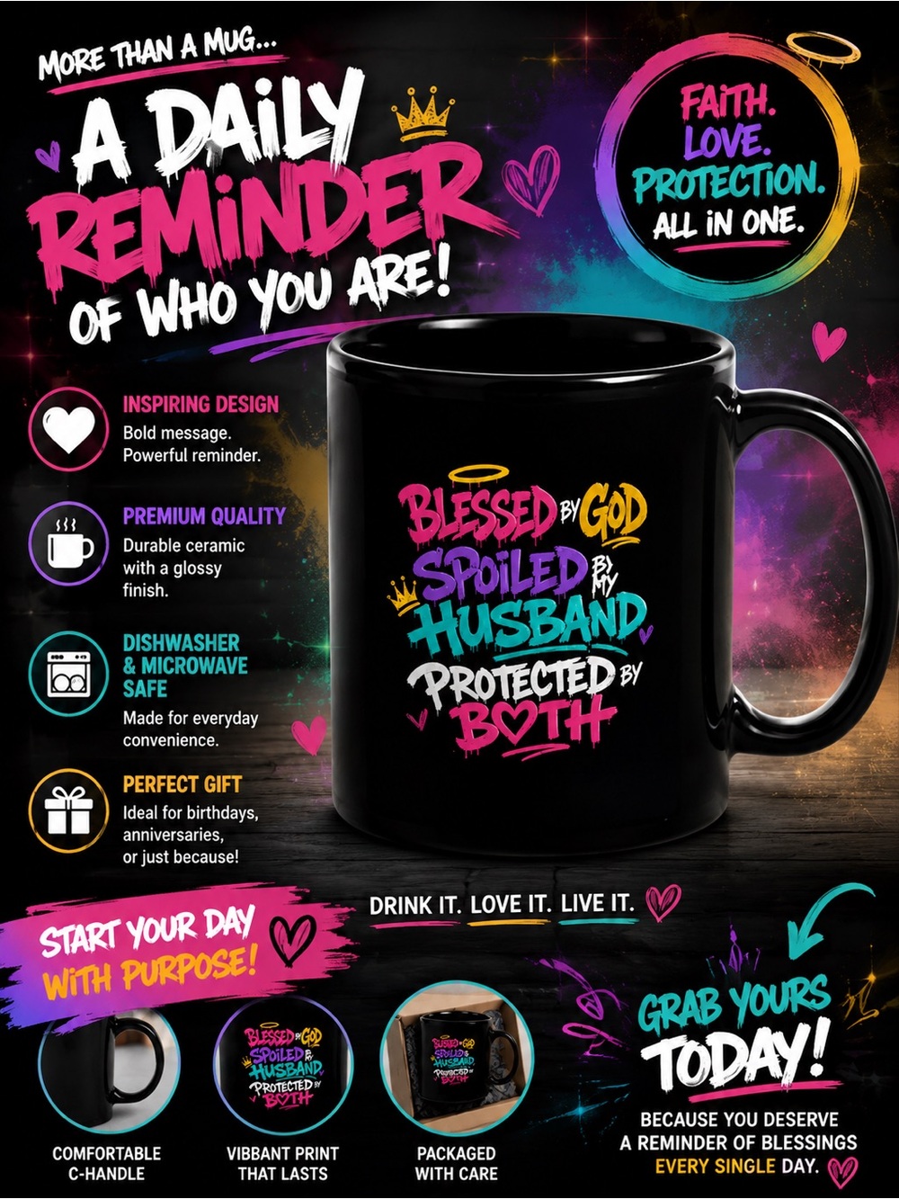 2wenty8 "Blessed Spoiled Protected" 11oz Black Mug